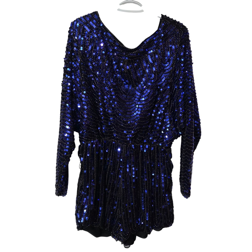 Endless Rose Women L Romper Blue Sequin Beaded Long Sleeve Party Night Out Glam - Picture 4 of 10